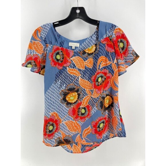 Chenault Women's Blouse Top Petite Small Floral Colorful Boho Blue Red Orange - Picture 2 of 9